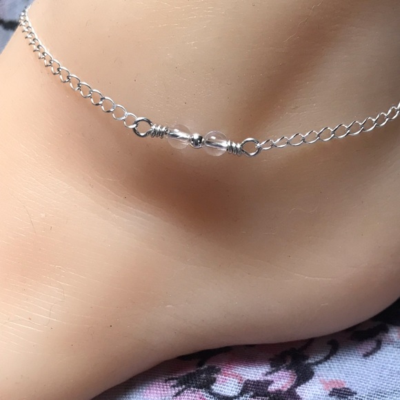 Clear Quartz Crystal Sterling Silver Ankle Bracelet-Dainty 2 Bead Crystal Anklet - Picture 2 of 5